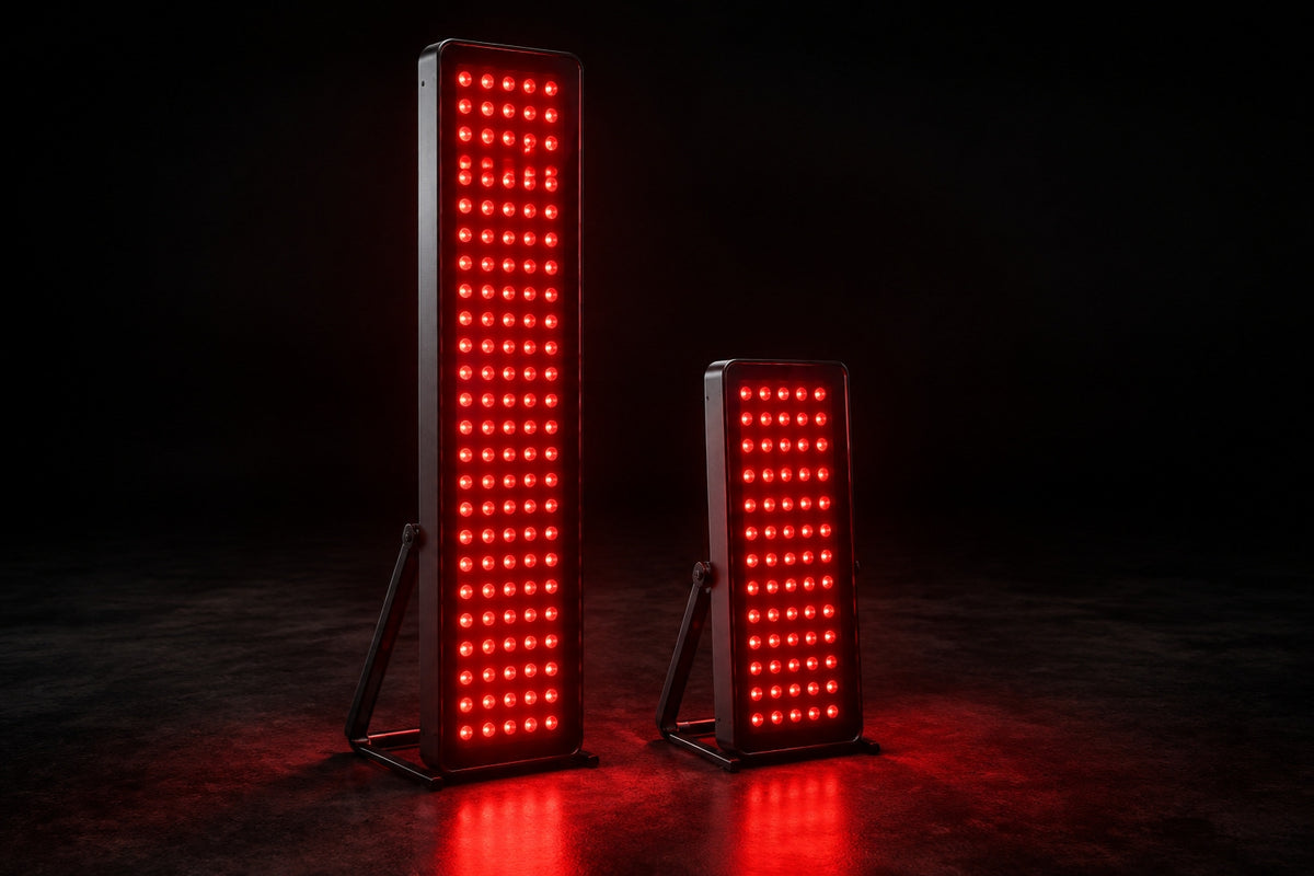 Aurum 1800 (49 inch) and Aurum 760 (24 inch) red light panels side by side