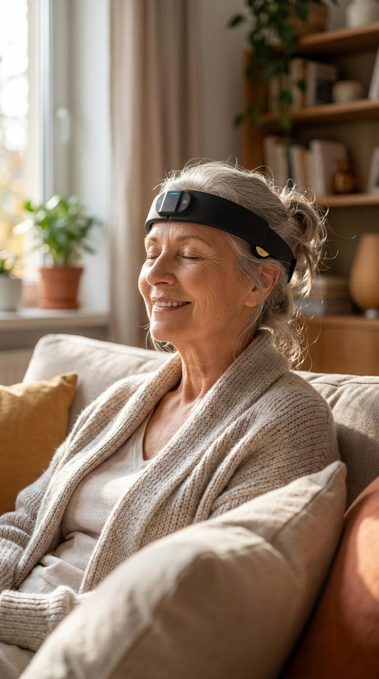 Woman relaxing at home wearing the Lymphora NeuroCalm Headband