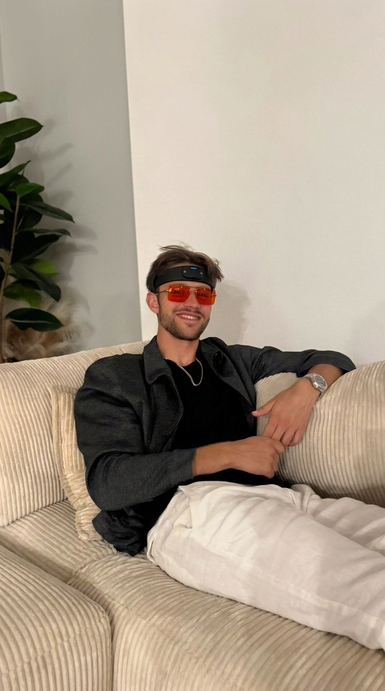 Man relaxing on a couch wearing the Lymphora NeuroCalm Headband