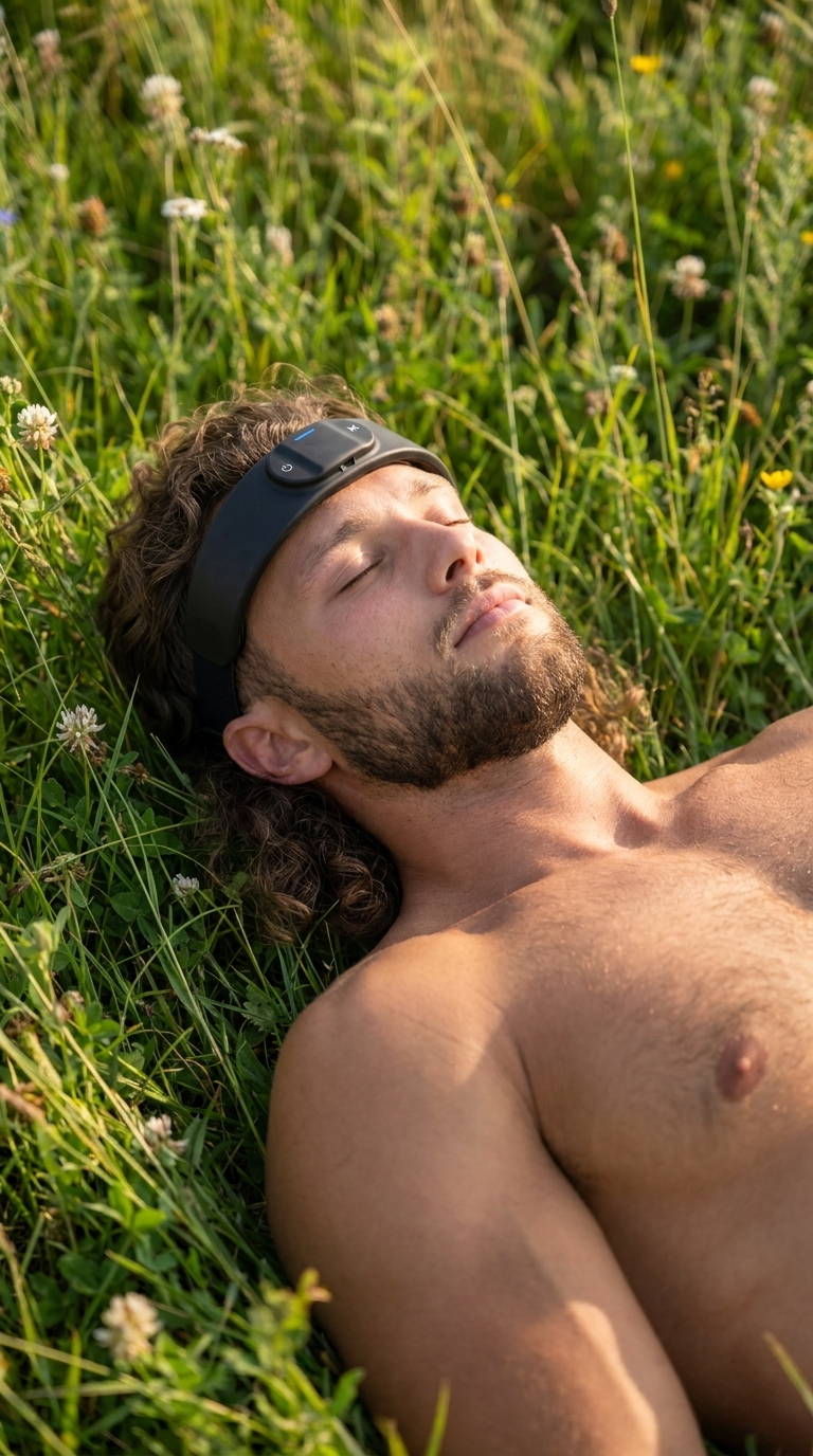 Man relaxing in a sunlit meadow wearing the Lymphora NeuroCalm Headband